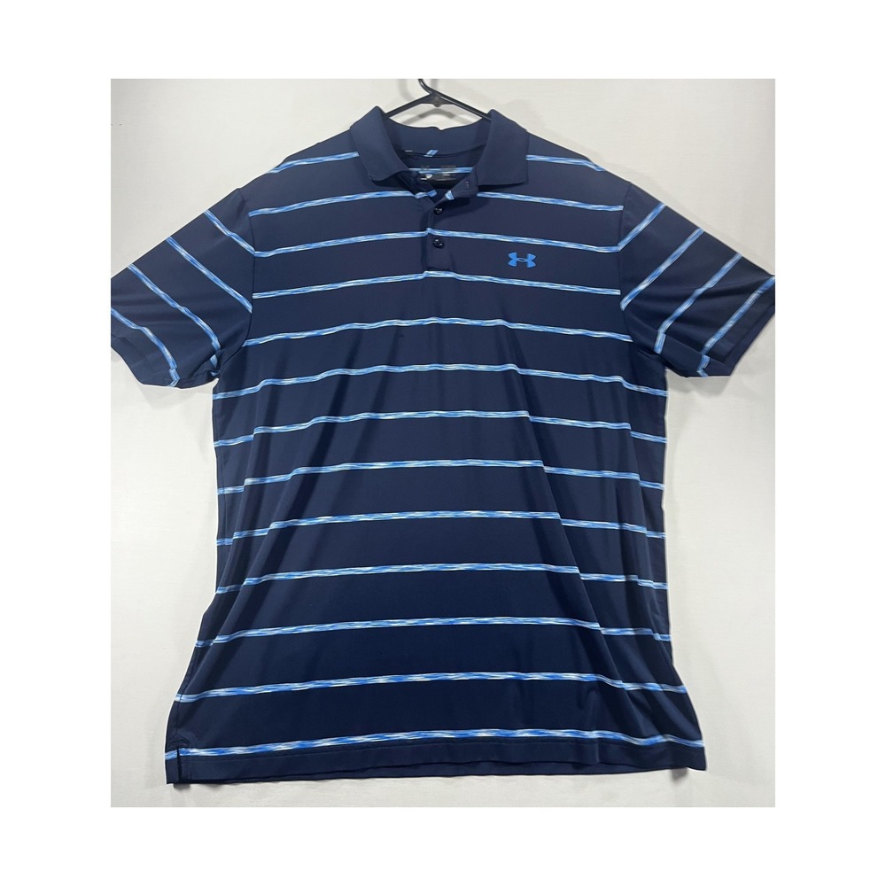 Under Armour Mens Navy‎ Blue Striped HeatGear Golf Polo Shirt Short Sleeve XL